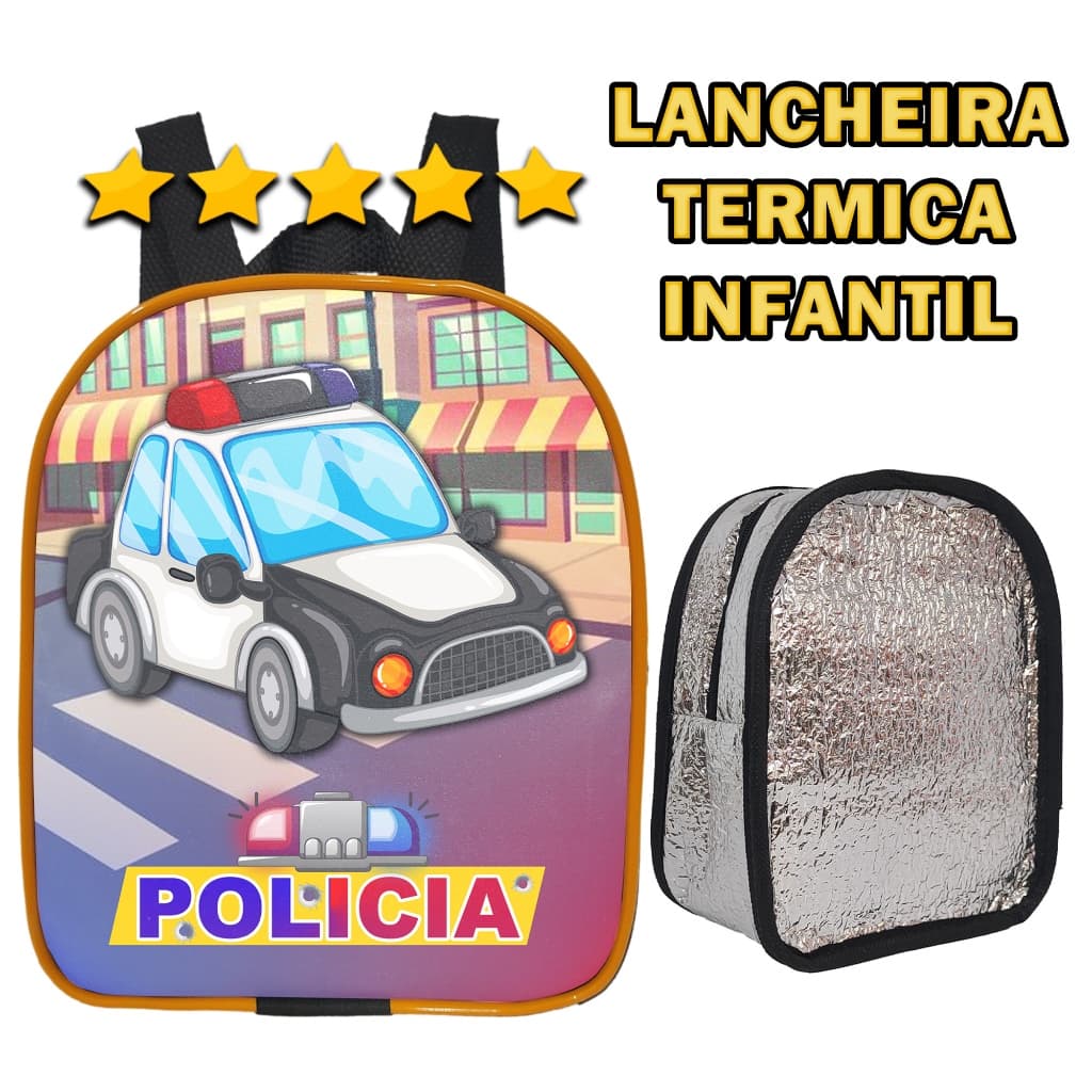 Lancheira Infantil Escolar Térmica Ação Carro de Polícia Com Alça Ajustável e Material Impermeável