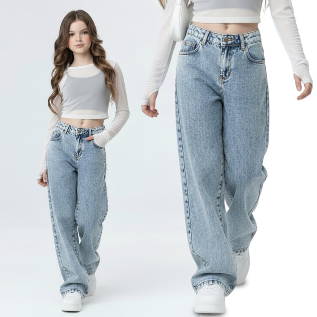Calça Jeans Wide Leg Marmorizada Meninas Estilosa Blogueirinha com Ajuste na Cintura Pantalona