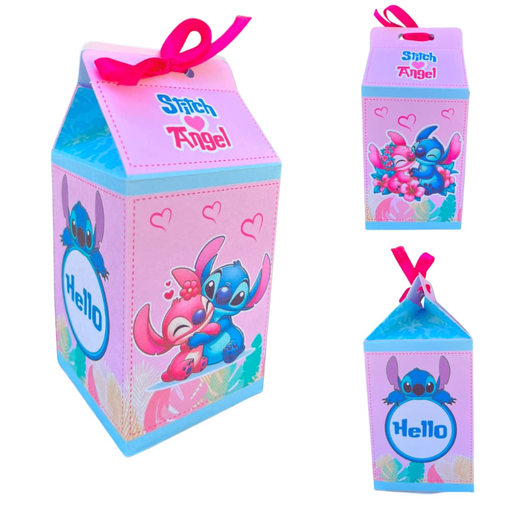 Kit Caixa Milk Stitch Angel + Fita Cetim Aniversário - Lembrancinha Stitch e Angel