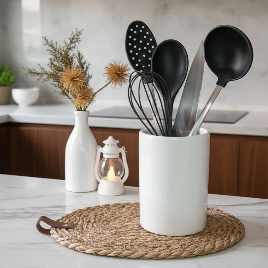 Porta Utensílios Cerâmica Branca Talheres Cozinha Organização Casa Moderno Resistente Sofisticado Colorido