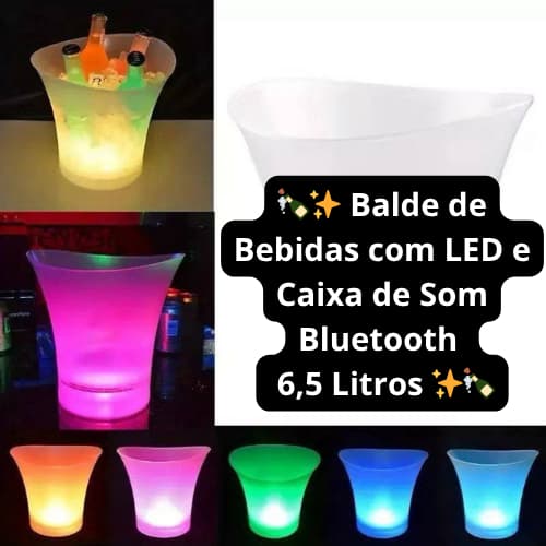 Balde de Gelo Multifuncional com LED e  Som : Conexão Bluetooth 5.0 USB 10 efeitos de luz coloridos