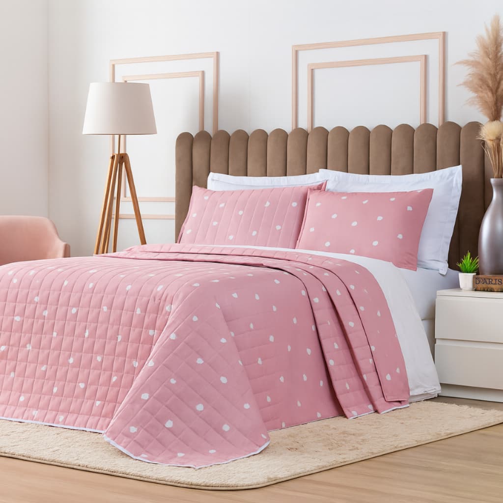 Colcha Casal Solteiro Queen King Rosê Estampada Cobre Leito Essencialle Corações Moderno Cama Posta Box