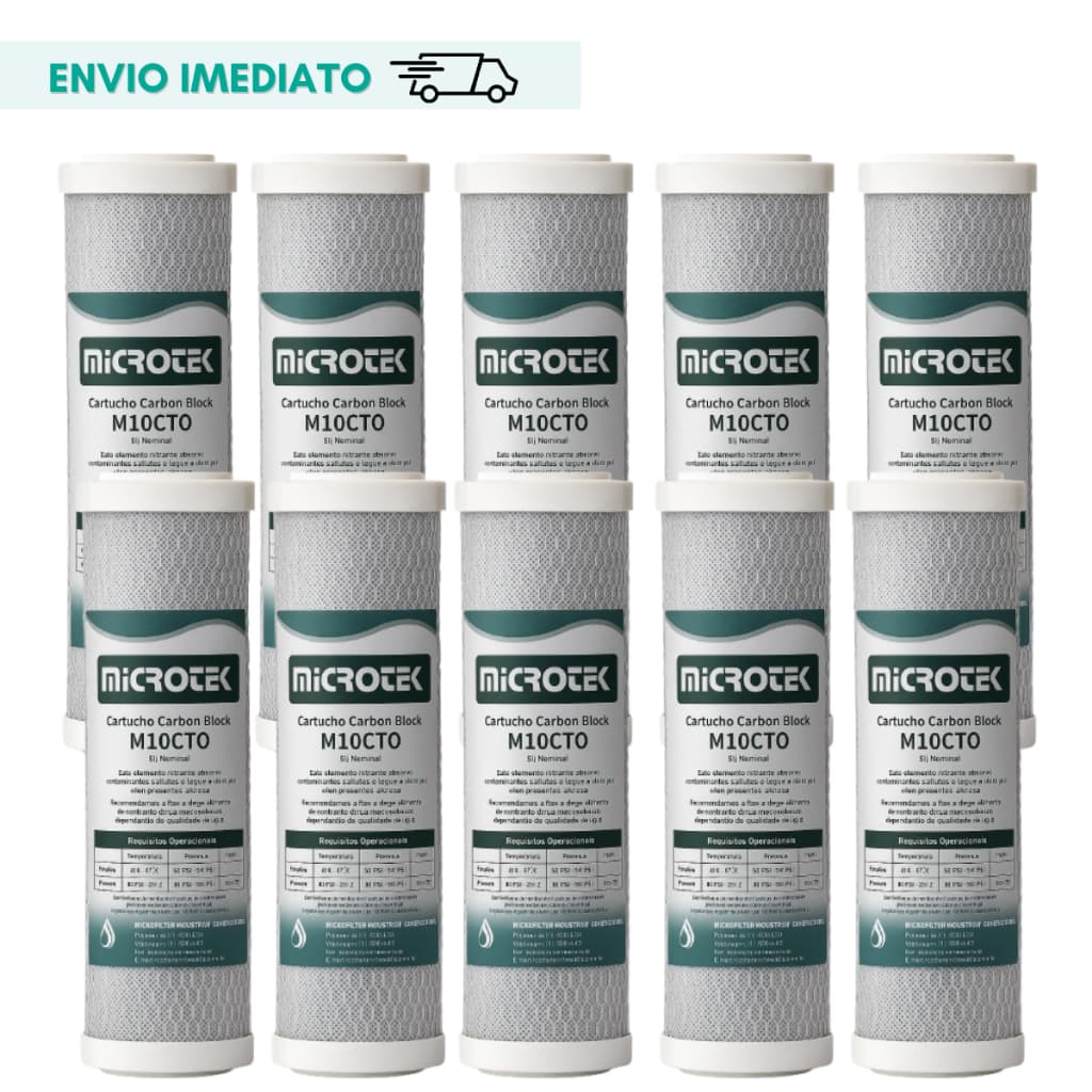 Carbon Block Kit C/10 Unidades 9 3/4'' Purificador Retira Cloro Remove Odor da Agua Carvão Ativado