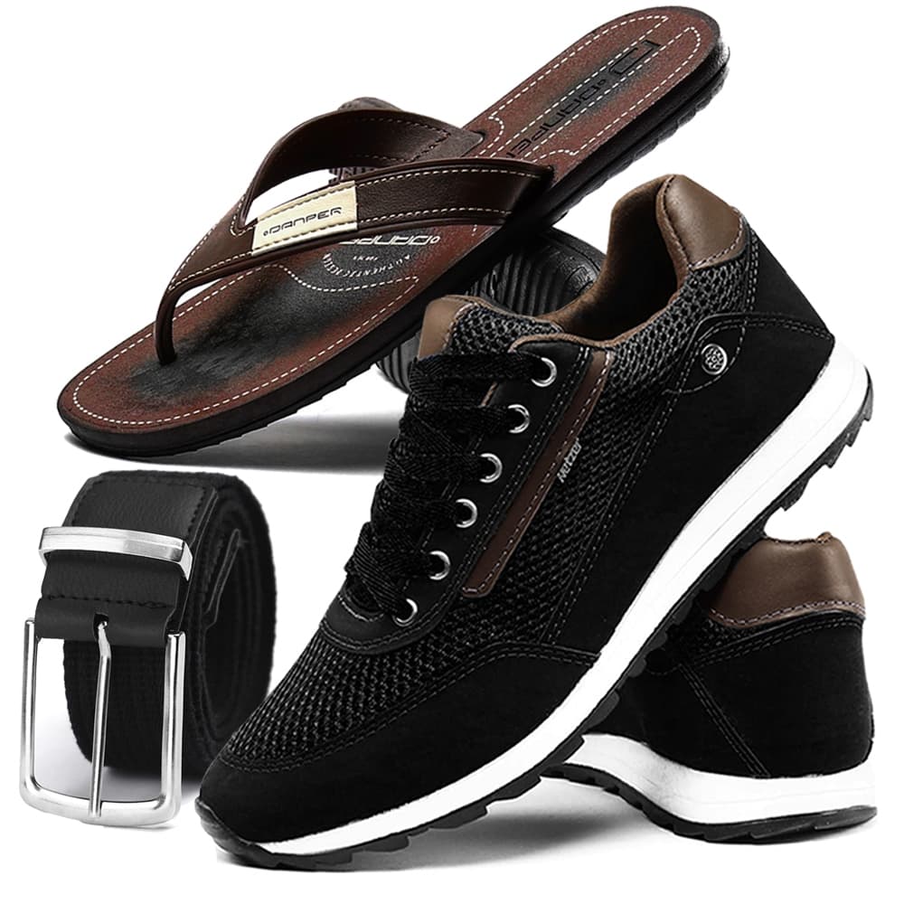 Kit Tênis Sapatenis Masculino Casual Jogging Trabalho + Chinelo de Dedo e Cinto