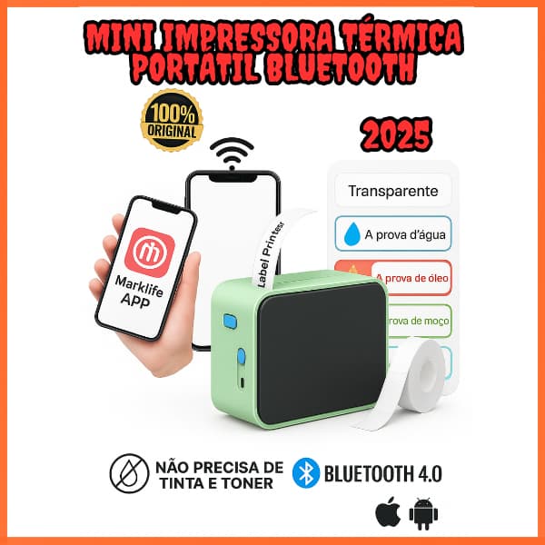 Mini Impressora Térmica Portátil Bluetooth Etiquetadora Inteligente, Rotulagem Rápida e Profissional