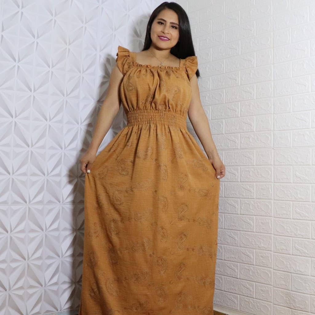 Vestido Longo Elegante Manga babado Jeans Tencel Liso e Com Detalhes Bordado Com Latex na cintura