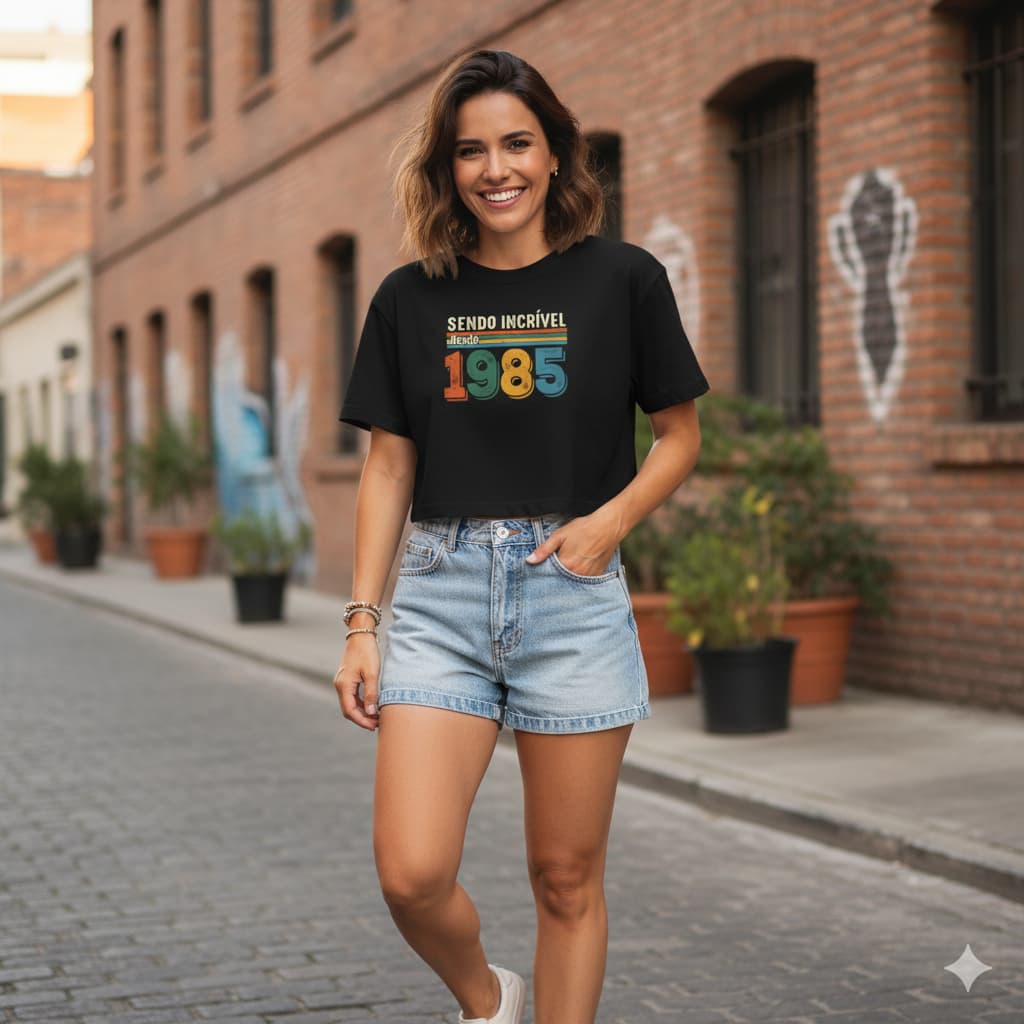 BLUSA CROPPED SENDO INCRIVEL DESDE 1985 ROUPA 40 ANOS COMEMORAÇÃO