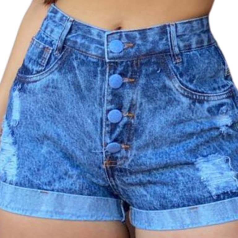 Short Jeans Feminino Cintura Alta, Barra Dobrada ,Detonado  com 4 botões , 100% Algodão, Loja ROSE