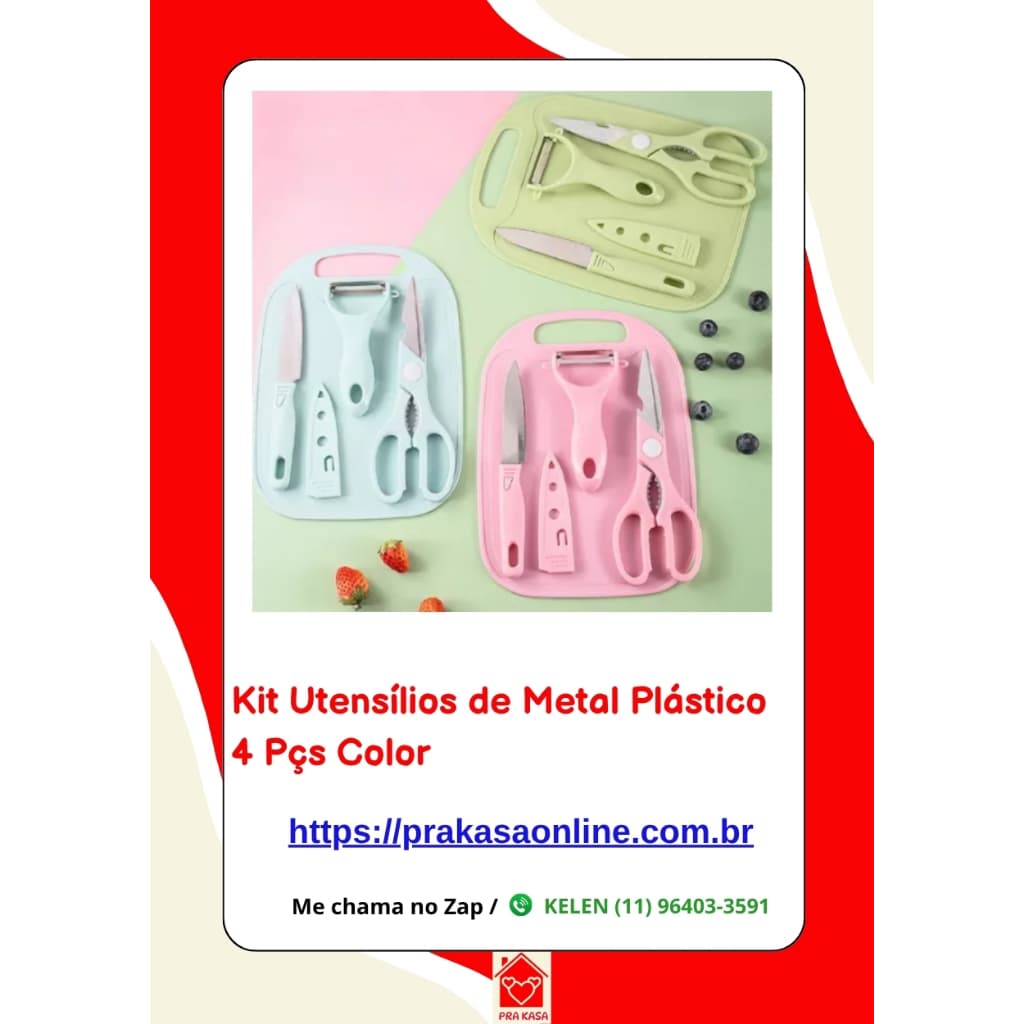 Kit de Cozinha 4 Peças Portátil – Faca, Tesoura, Tábua, Descascador – Cores Pastel