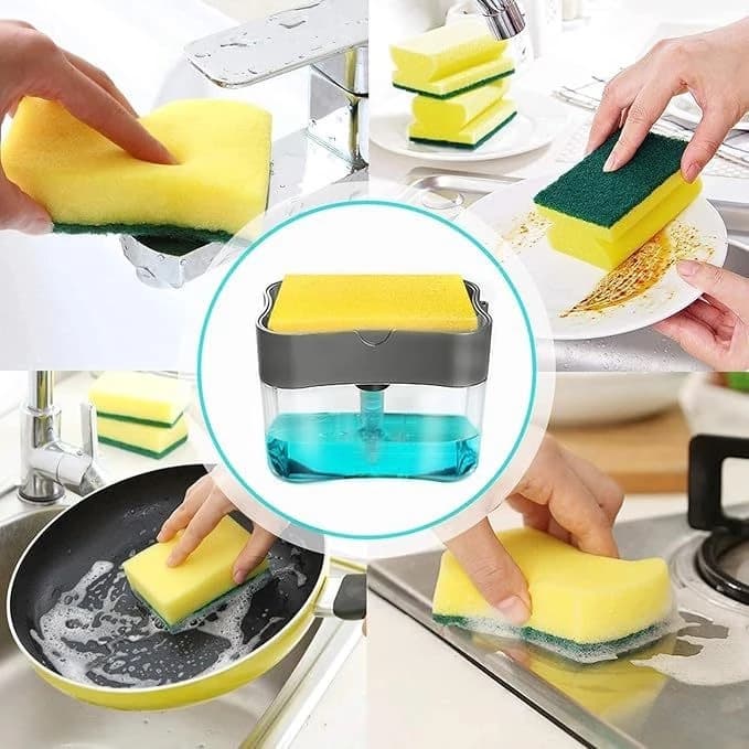 Dispenser 2 em 1 Automático Detergente e Esponja Porta Sabão Líquido Pia Cozinha Prático 385ml