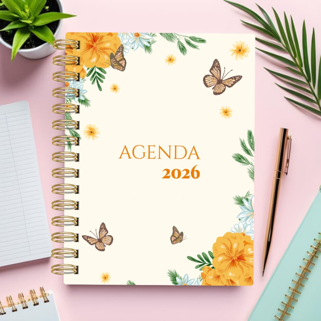 🌼🦋 Agenda 2026 Flores Amarelas e Borboletas | 2 Dias por Página | Com ou Sem Hora | Capa Dura Brilho ou Fosco