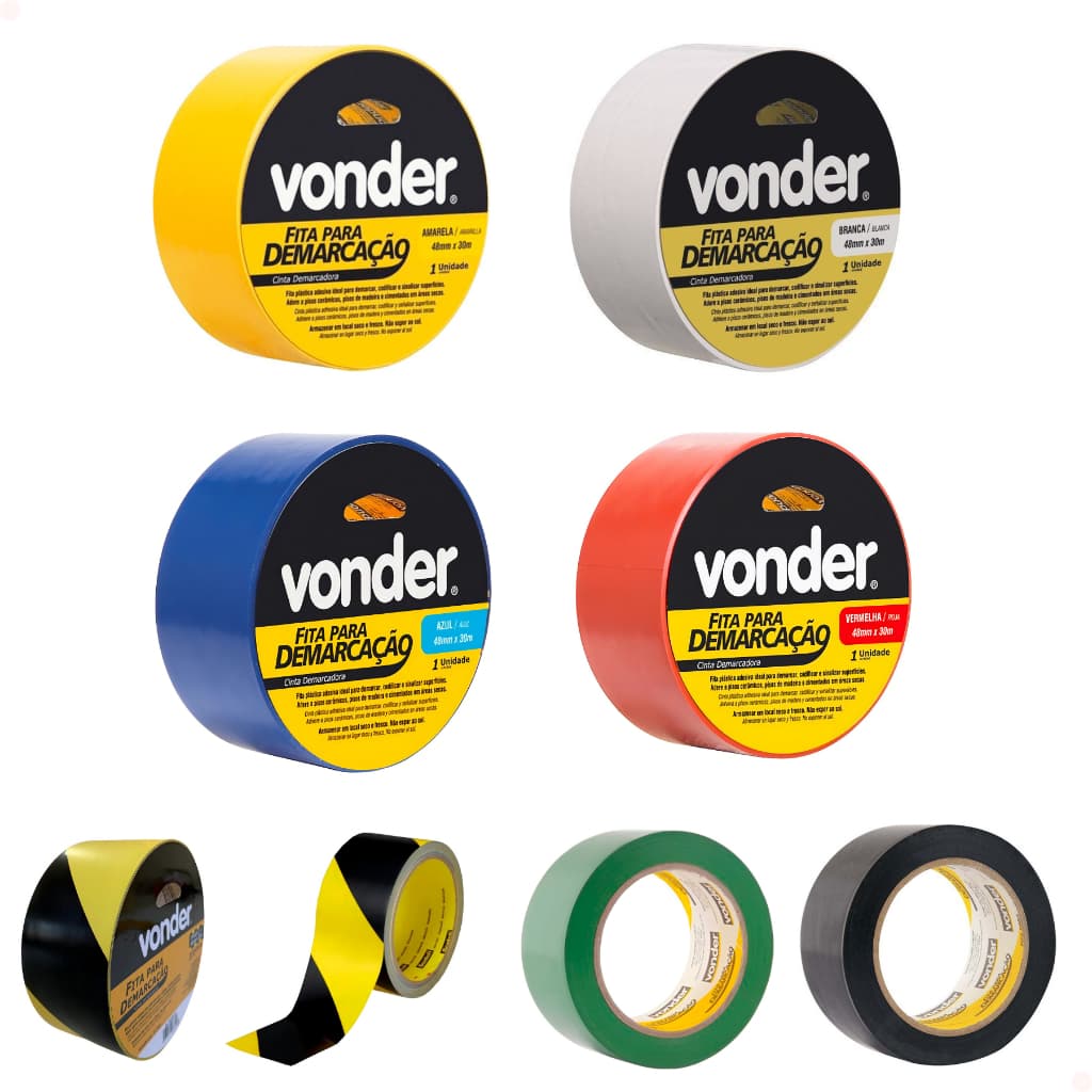 Fita de Demarcação de Solo Industrial 48mm x 30m Vonder Adesiva Sinalização Segurança Piso Fábrica Hospital
