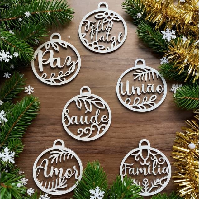 Enfeite de Natal 6 Bolas de Natal com Palavras