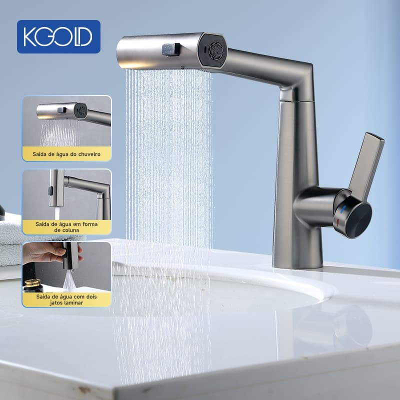 Torneira Retrátil 360° KGOLD Monocomando CInza Luxo Com Água Quente e Fria