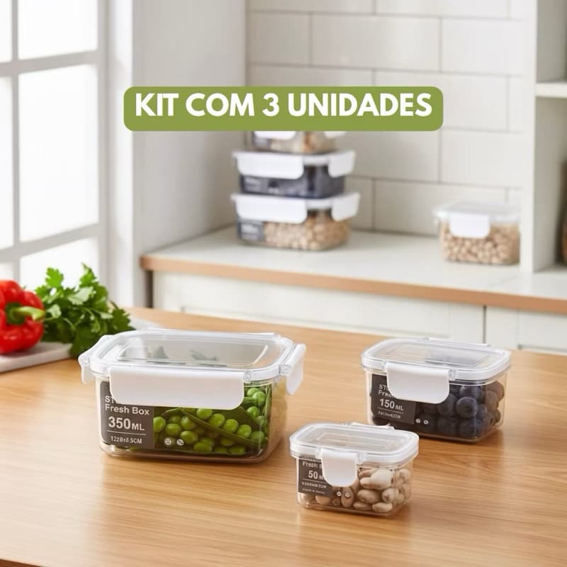 Conjunto 3 Potes Herméticos Retangulares com Tampa — Organizadores de Cozinha para Armazenar Alimentos