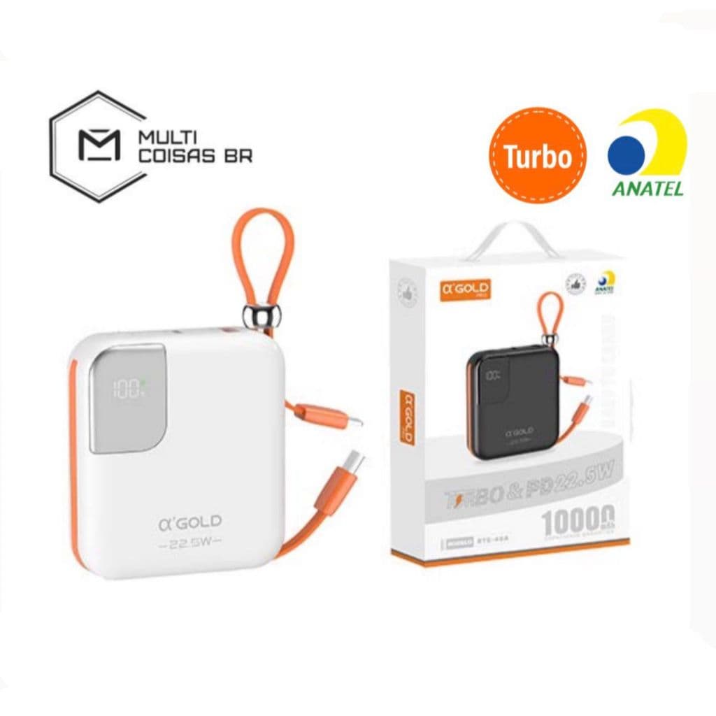 Carregador Portátil Power Bank Turbo 22.5W 10.000mAh A'Gold BTE-48A com Display Cabo Usb-C e Lightning