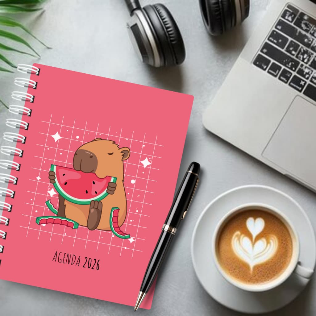 🦦💙 Agenda 2026 Coleção Capivara | 2 Dias por Página | Sem Hora | Capa Dura Brilho ou Fosco | Folhas 90g + Elástico + Por