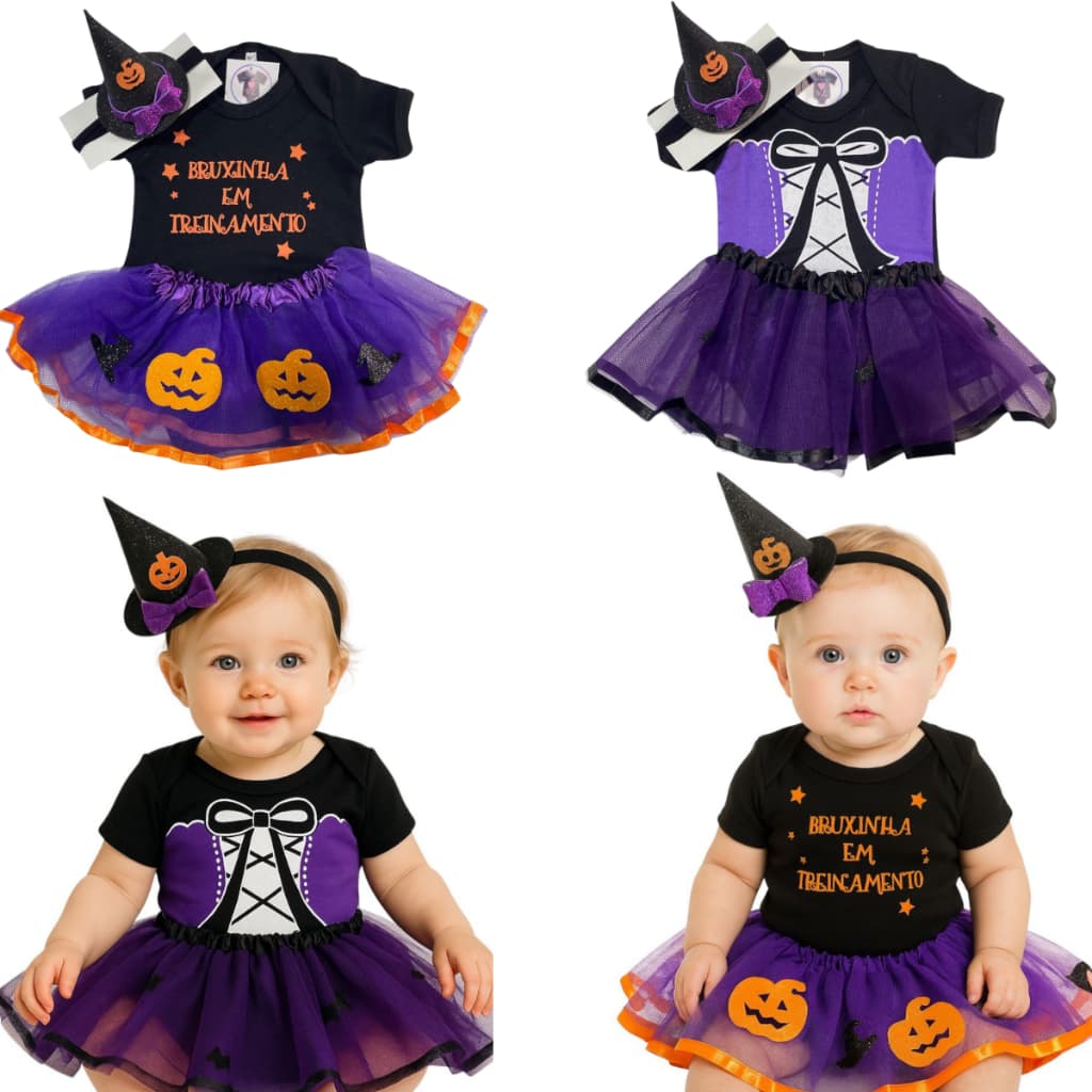Body Bebe Menina  Bruxinha + Tutu + Chapeuzinho - Halloween -Temático