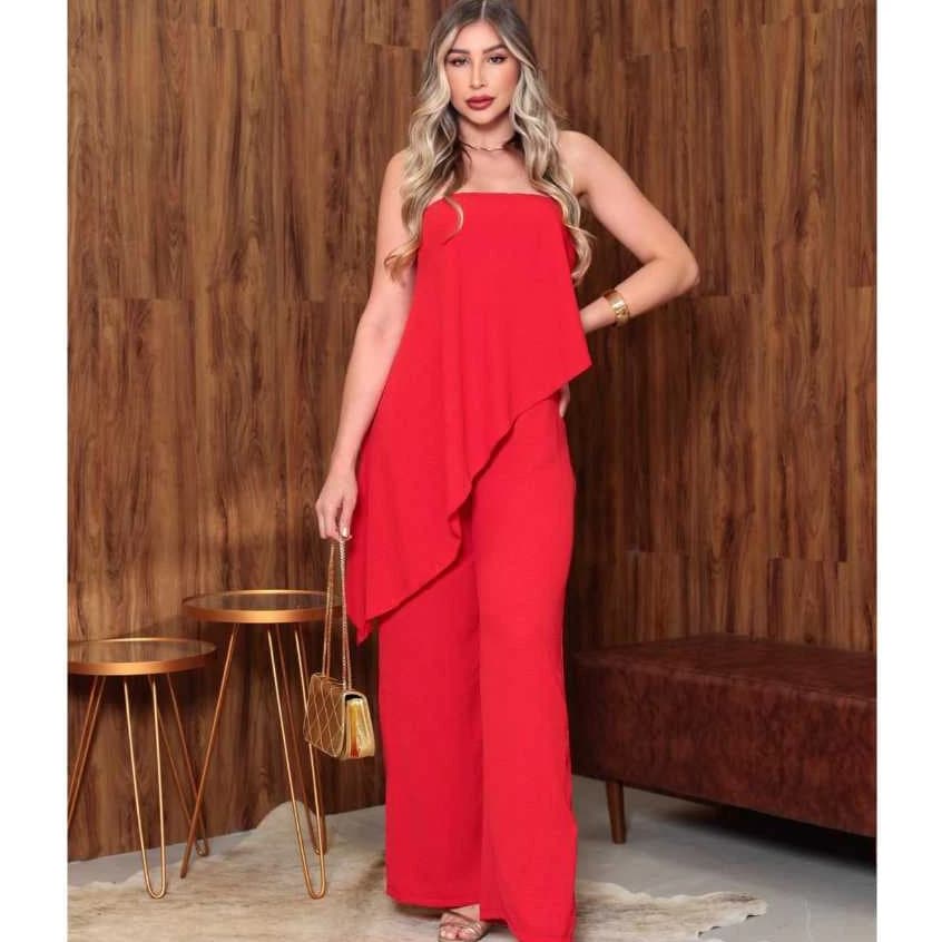 Macacão Pantalona Longo Feminino Assimétrica Elegante Tomara que Caía Duna Tamanhos  M"G"