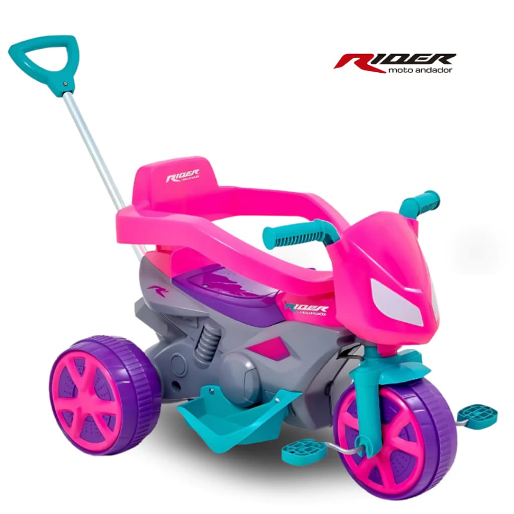 Triciclo Infantil com Haste Pedal Moto Andador Passeio Motoca Usual Rosa Amarela Vermelha Verde