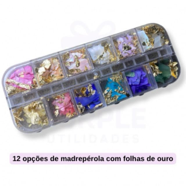Decoração madreperolas para unhas folha de ouro kit com 12 cores variadas