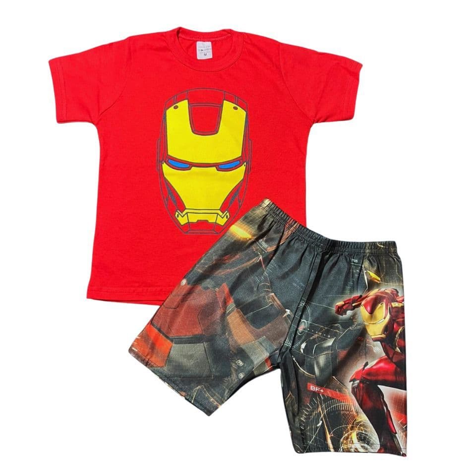 Conjunto Fantasia do Homem de ferro, Hulk, batman Infantil Kit Menino Camisa e Bermuda 1 a 7