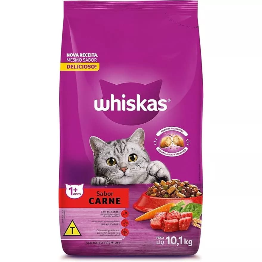 RAÇÃO WHISKAS DRY CARNE PARA GATOS ADULTOS 10,1 KG ( EMBALAGEM ORIGINAL DE FÁBRICA)