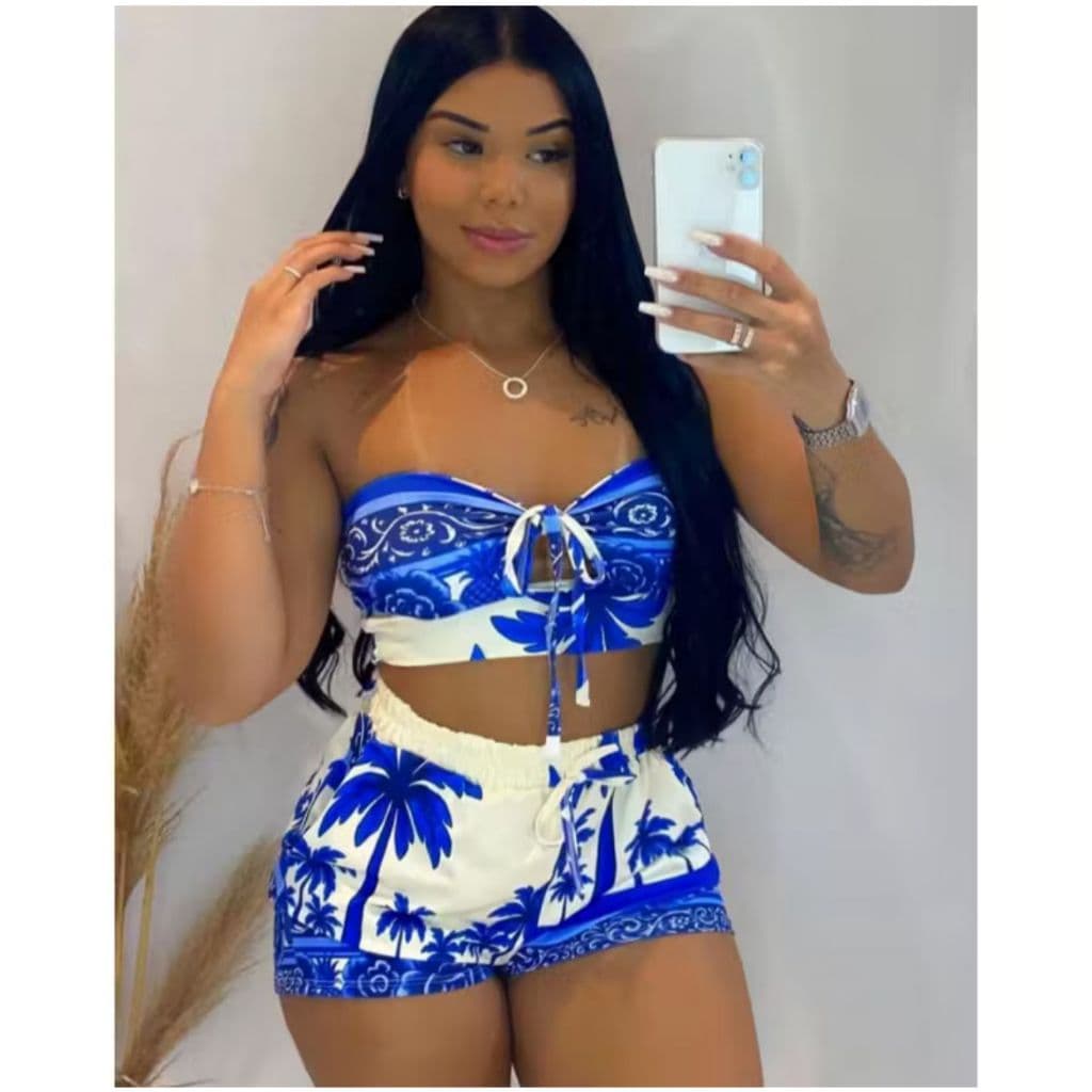 Conjunto Gabi - conjunto feminino estampado cropped amarração tomara que caia + short curto soltinho verão inspiração fa