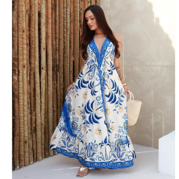 Vestido Feminino Indiano Longo Estampado Crepinho Tamaho (Unico) tendencia Elegante Chike Blusa