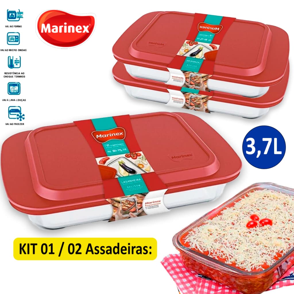 Kit 02 Assadeiras Marinex 3,7L c/ Tampa Vidro Refratário Lasanha Travessa Forno Sobremesa Jantar