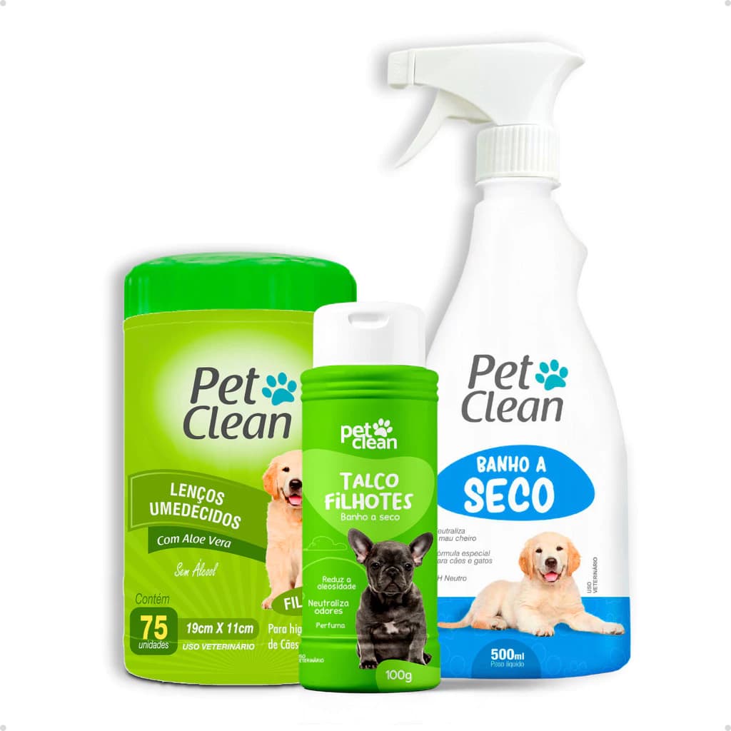 Kit Banho a Seco sem Enxágue 500 ml + Talco 100 g + Lenço Umedecido 75 unidades Pet Clean
