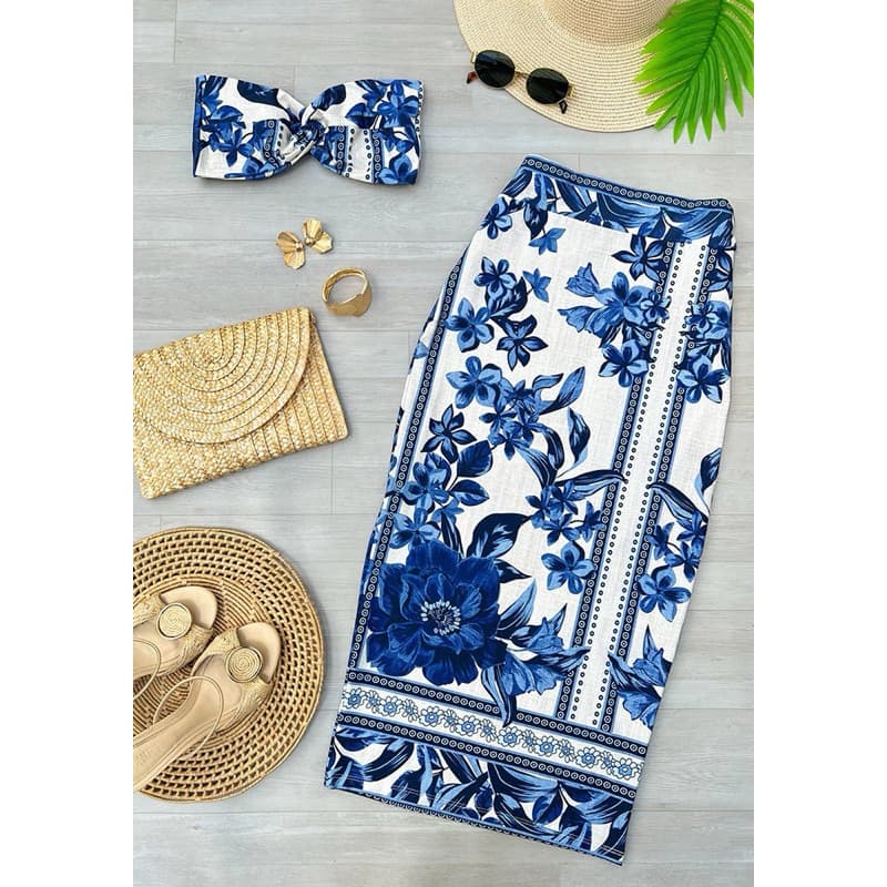 Conjunto Top e Saia Midi estampado Cropped com nó tendência Moda blogueira