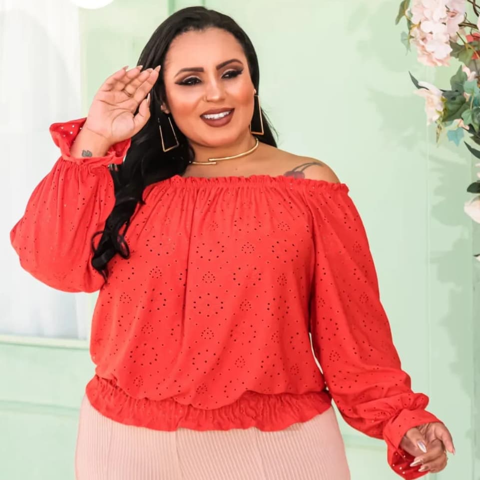 Blusa Ciganinha Plus Size G1 Laise Bata Ombro a Ombro Feminina Moda Grande Lançamento Manga Longa Confortável