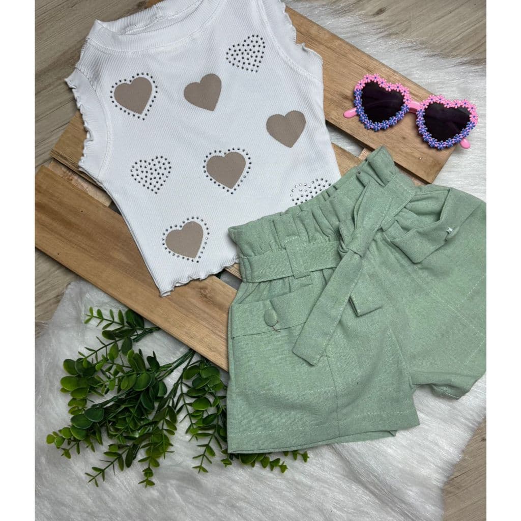 Conjunto Infantil Calor 2 Peças  Regata com Strass e Shorts Alfaiataria 04 ao 10 Anos