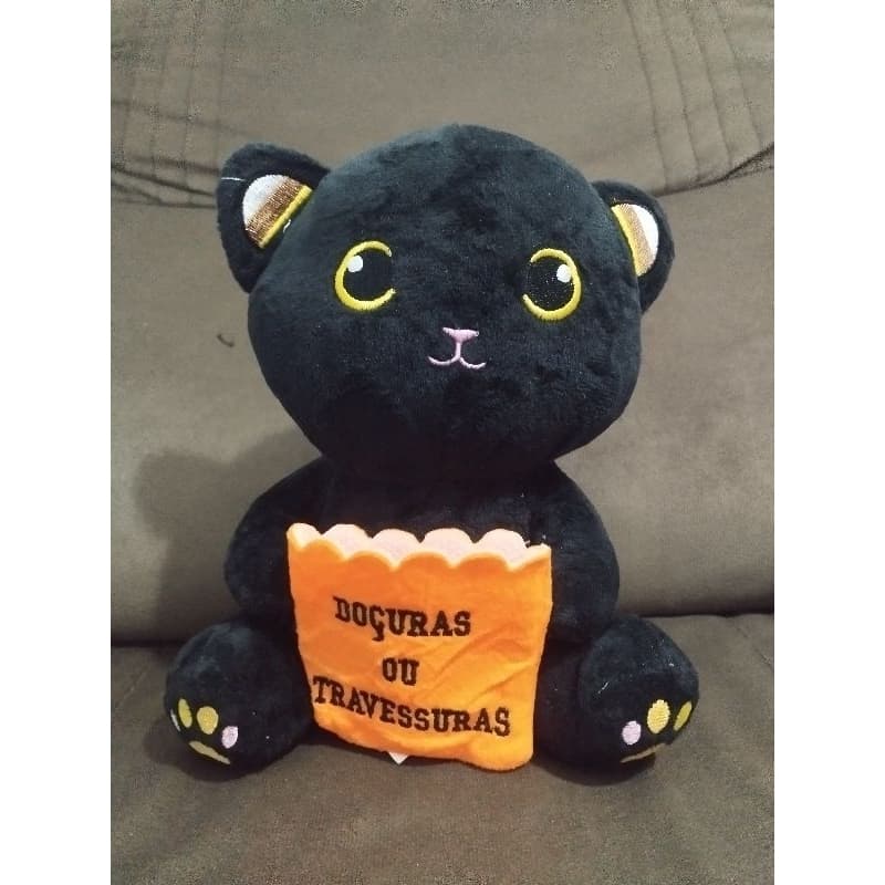 Brinquedo Pelúcia Gato Preto com bolsa doçuras ou travessuras Halloween BR Machine