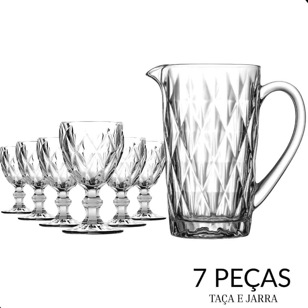 Kit 7 Peças Taças Diamond 340ml + Jarra Diamante 1,2L Transparente