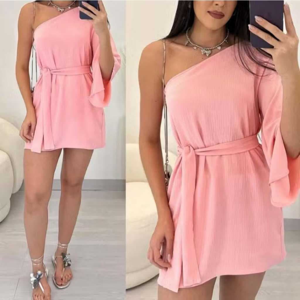 Macaquinho Manga Flare Short Saia Macaquito Crepe Duna Moda Blogueira Lançamento