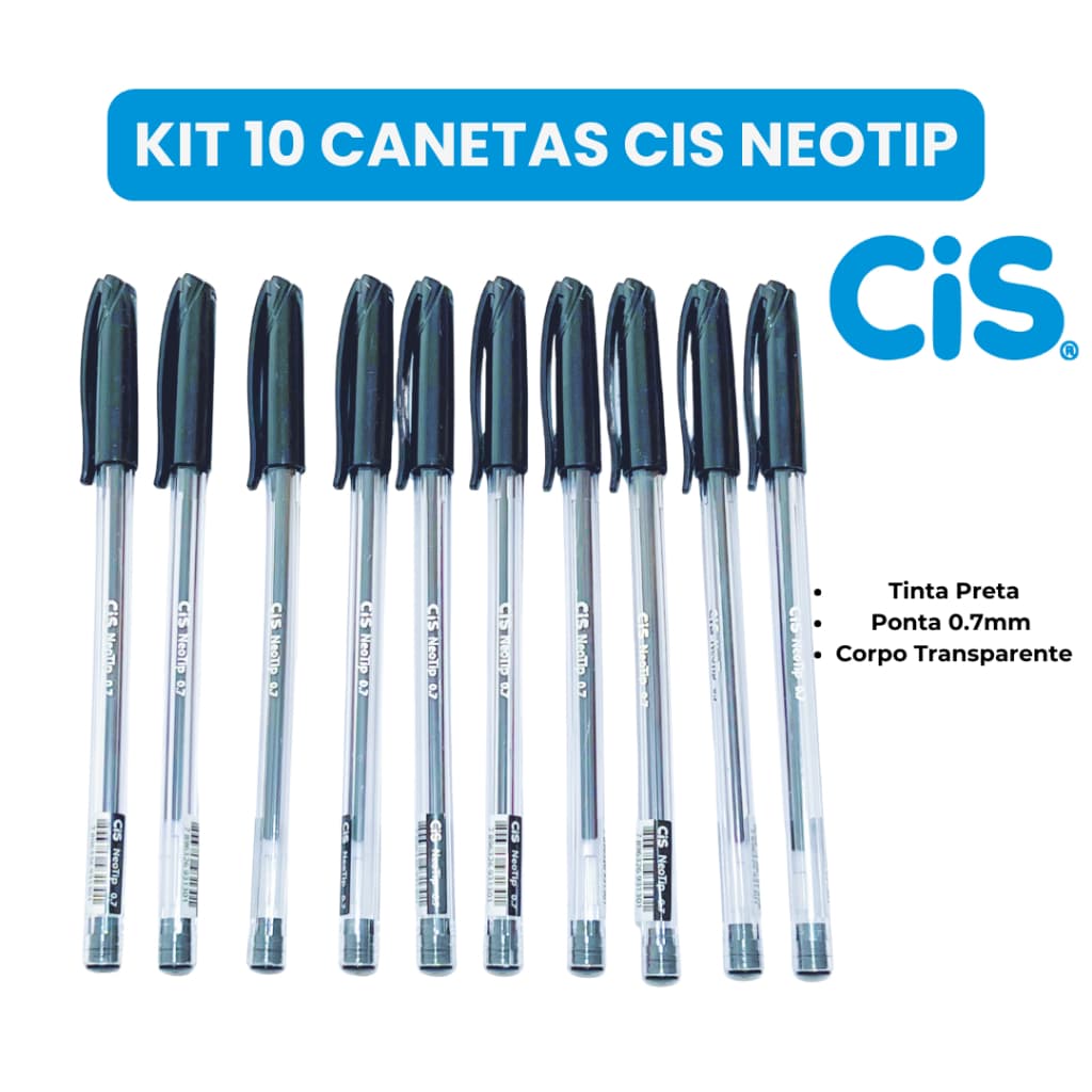 Caneta Esferográfica CIS Neotip 0.7mm Preta – Kit com 5 ou 10 Unidades Ponta Fina Escrita Suave