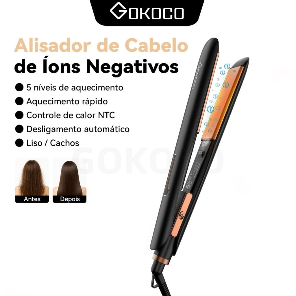 GOKOCO Alisador De Cabelo De lons Negativos Desligamento Automático Aquecimento Rápido Controle De Calor NTC Liso/Cachos