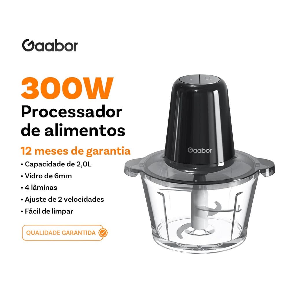 Gaabor Processador Alimentos 2L 4 Lâminas Aço Tigela Vidro Multifuncional Pica Carne Legumes 127V MG-15M02A