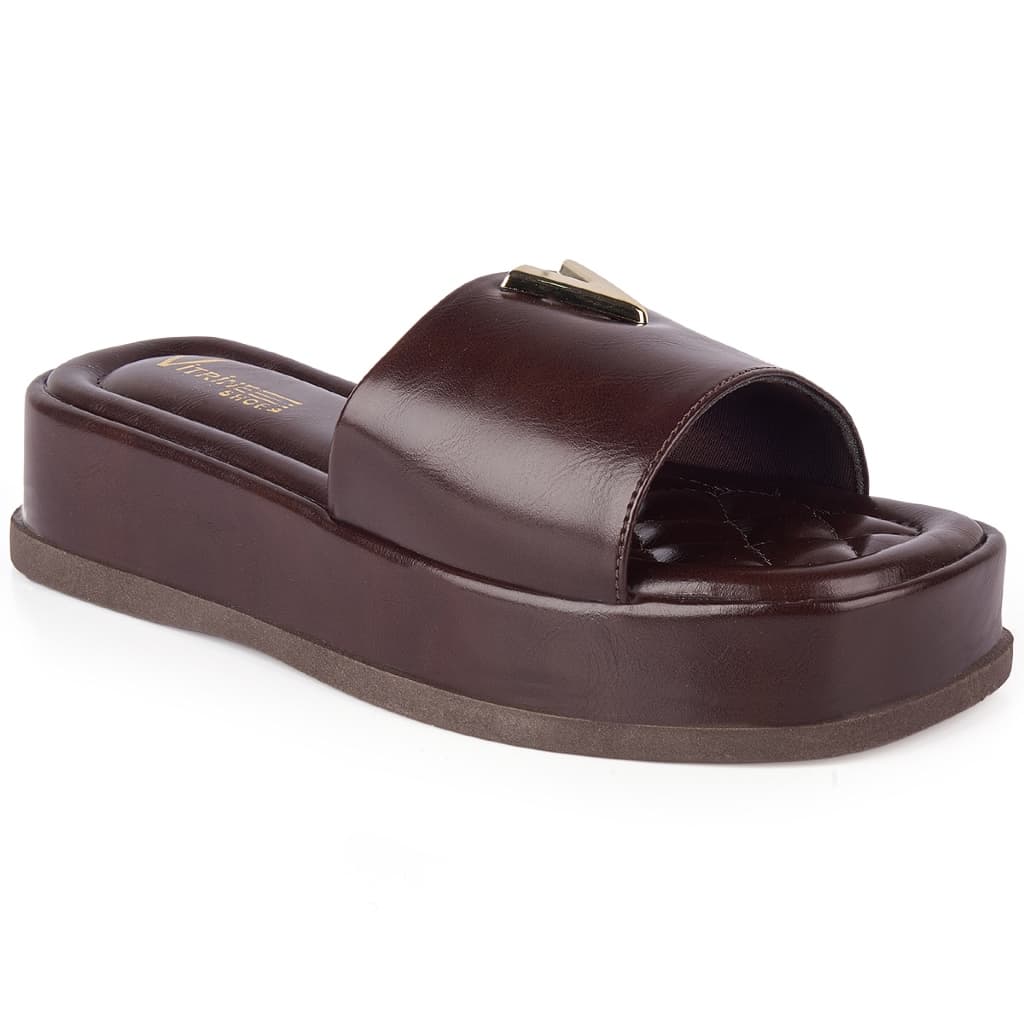 Sandália Feminina Vitrine shoes Tamanco Flatform Bico Quadrado Enfeite Metalizado V