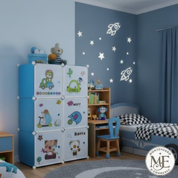 Guarda Roupa Infantil Portátil Armário Organizador de Brinquedos Sapateira 6 Portas Azul Desenhos