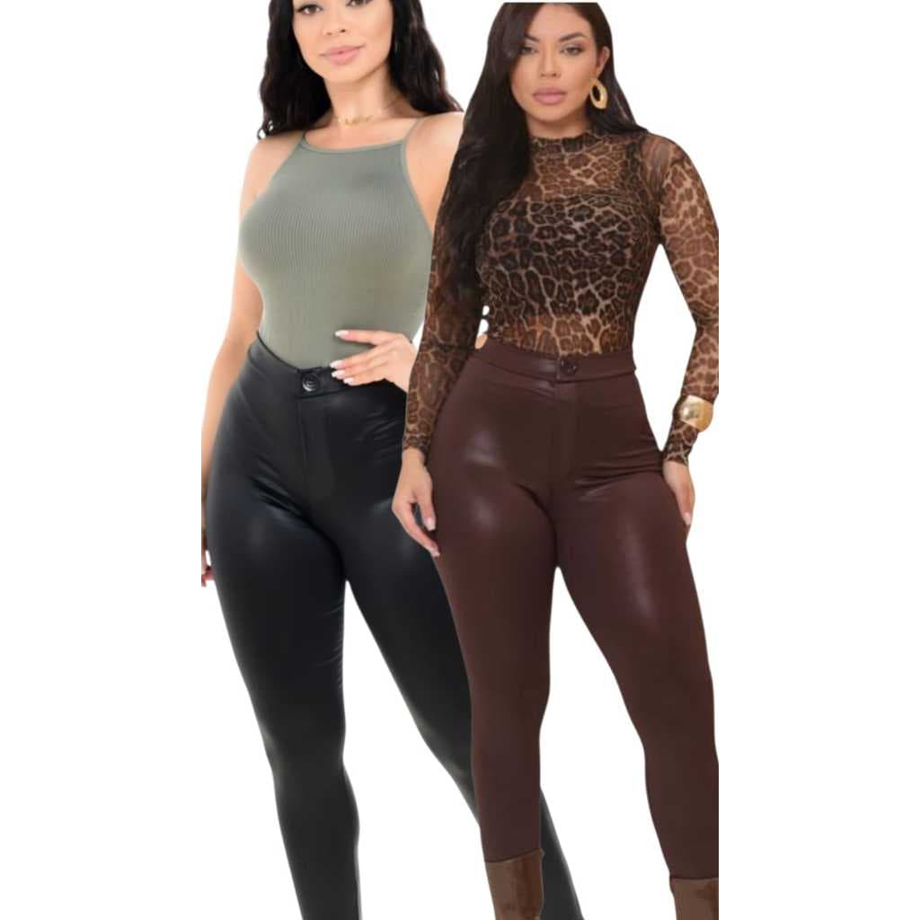 kit com 2 Calça Disco Cintura Alta Cirrê Com Bolsos e fake Botão skinny legging