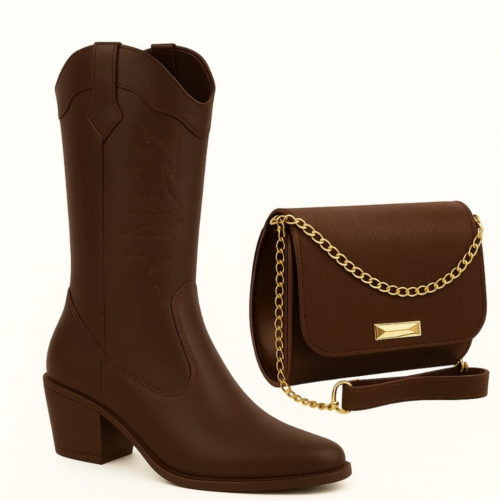 Bota Texana Feminina Cano Alto Salto Médio Western Bordada  Bolsa Feminina Coutry