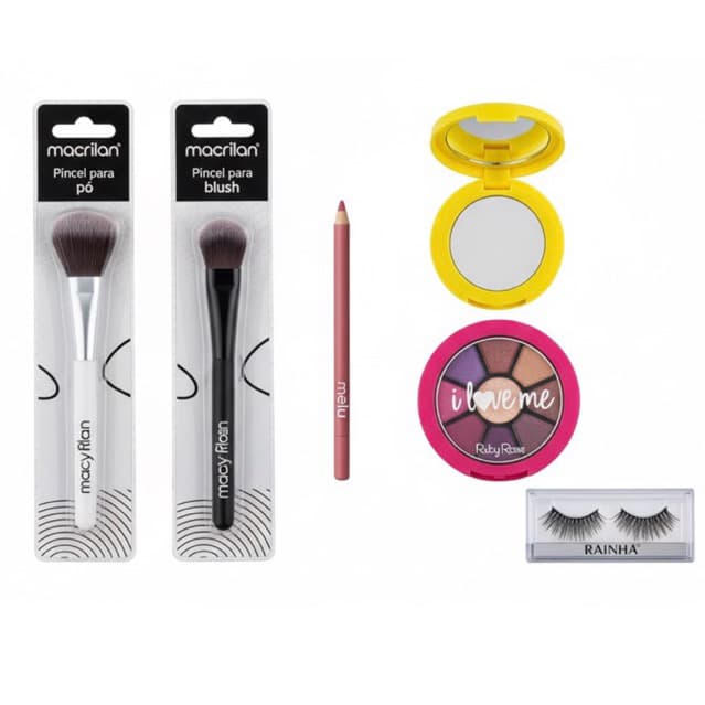 Kit Maquiagem | Pincéis Macrilan, Paleta Sombra Ruby Rose, Cílios 3D, Lápis Melu e Espelho