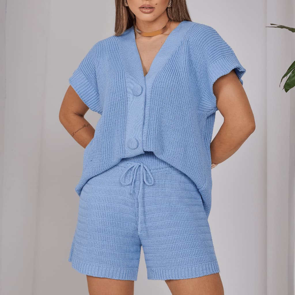 Conjunto Tricot Shorts Feminino  Colete Camisa Kimono Largo Botão Fresco Leve