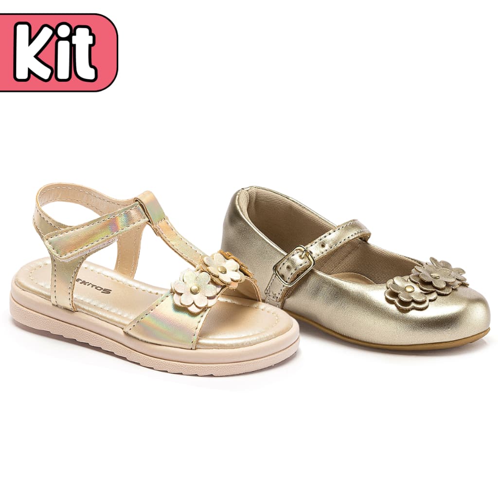 Kit Sandália + Sapatilha Infantil Menina Douradas Tamanho 22 ao 27 Sapekitos