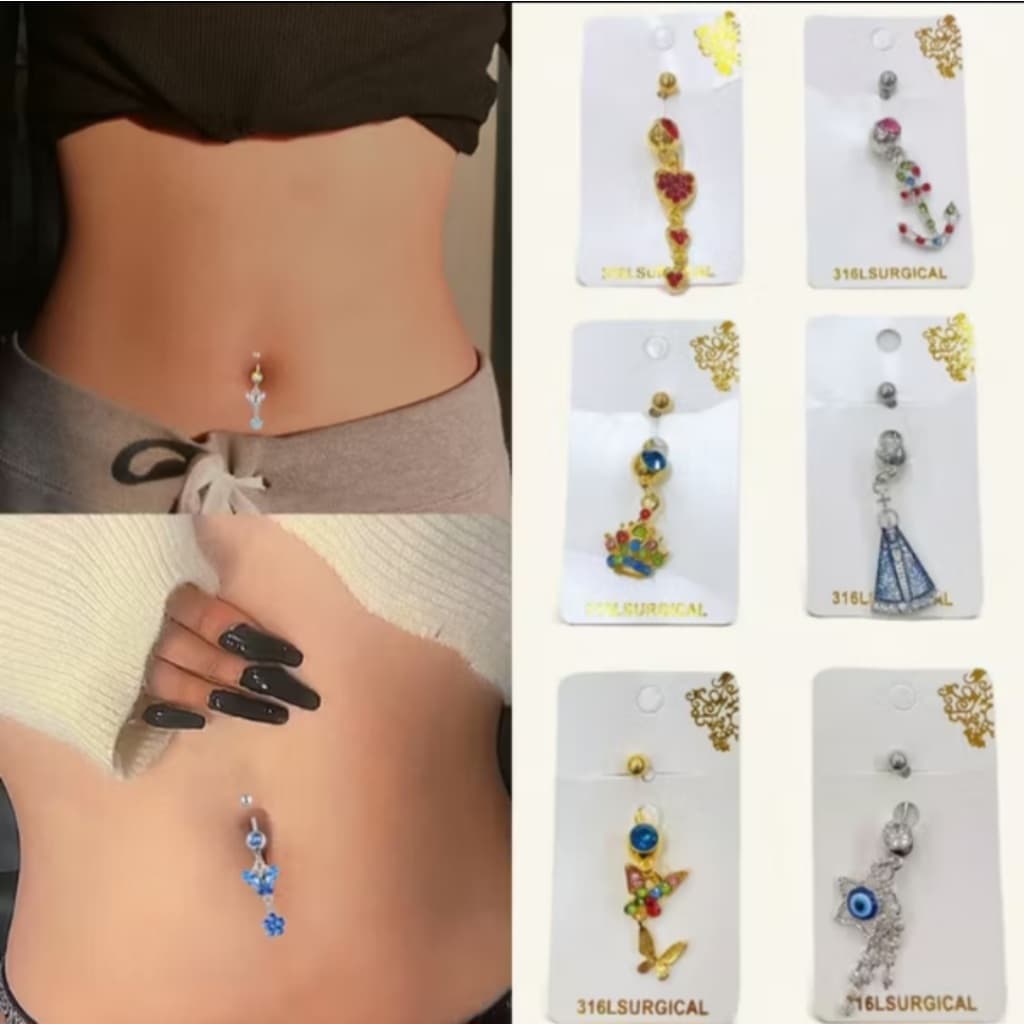 Kit 6 Peças Piercing de Umbigo com pingente Pedra Strass Colorido Em aço cirúrgico