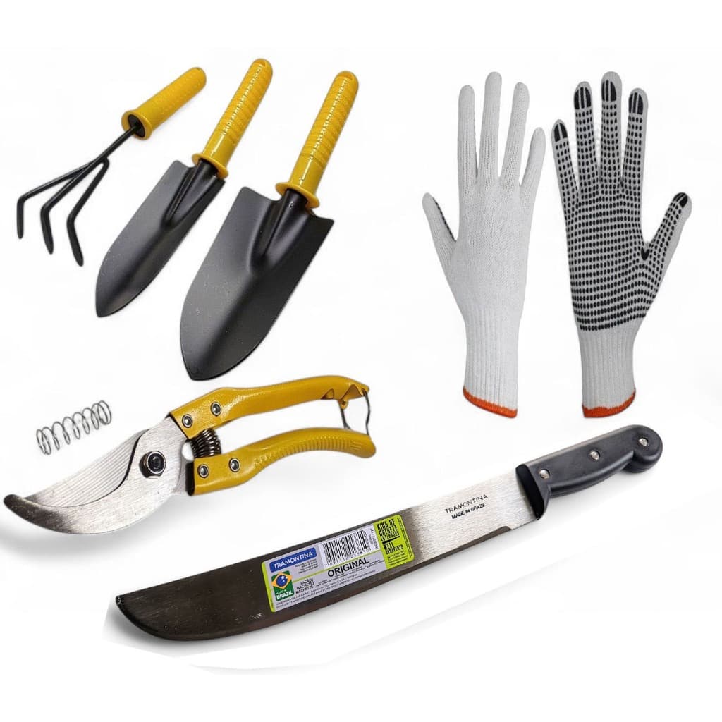 Kit Jardinagem Facão Tramontina 12 pol Ancinho Pazinha Larga Pazinha Estreita Tesoura de Poda Luva