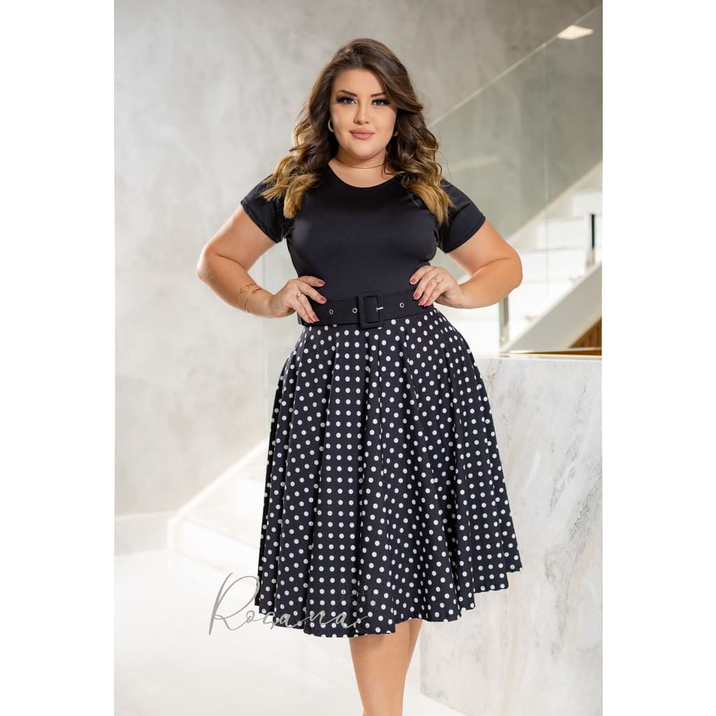 Vestido Temático  Preto com Bolinhas Brancas ( poá)   com Cinto P ao G3.
